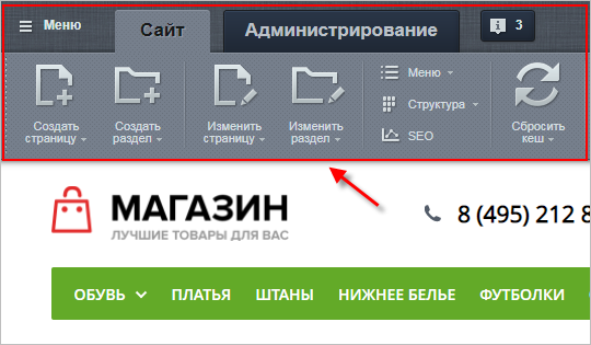 Панель управления в публичном разделе сайта отобрaжается: